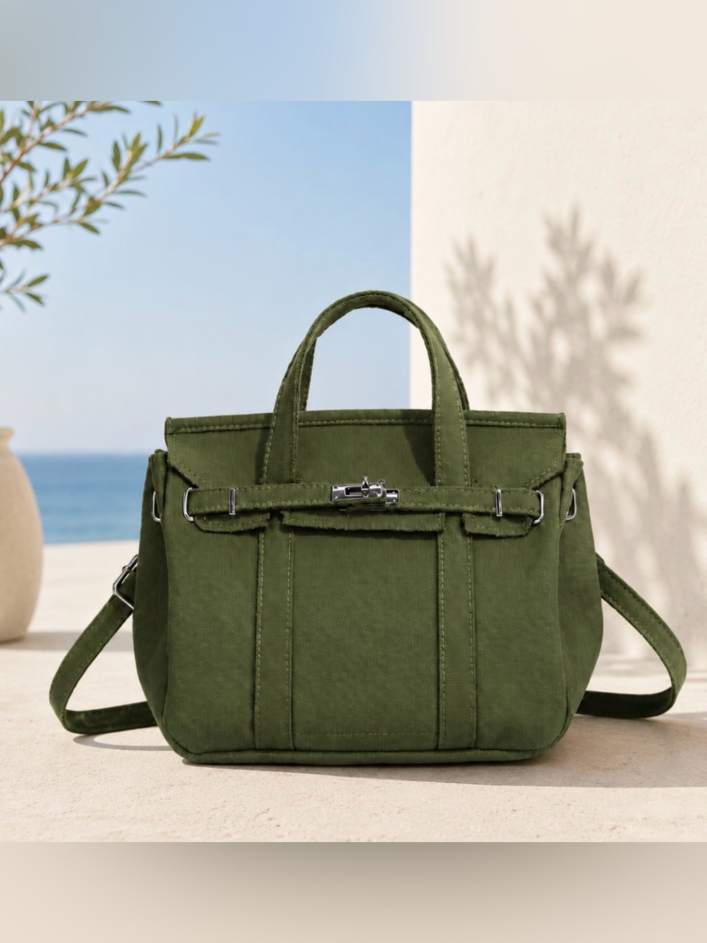 Small Olive Green Canvas Tote Bag with Adjustable Strap